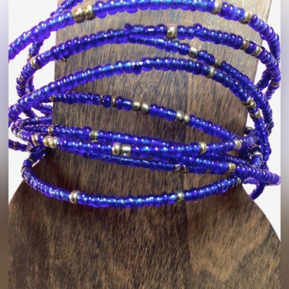 Blue, Gold Beaded wire wrap Bracelet
